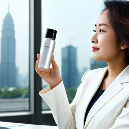 Home 6 A professional Malaysian businesswoman in a modest business suit, seated at a modern office desk. She holds a small, elegant hair mist bottle, lightly misting her healthy, shiny, and frizz-free hair. The background features a blurred urban city skyline visible through a large window, subtly hinting at the outdoor humidity and pollution. Her pose is natural and confident, reflecting a sense of immediate refreshment. The image emphasizes the hair's vibrant texture and softness. Perfect anatomy, correct proportions, well-formed hands, proper finger count, natural body proportions, professional photography, high quality, fully clothed, appropriate attire, modest clothing, professional dress, safe for work, appropriate content.