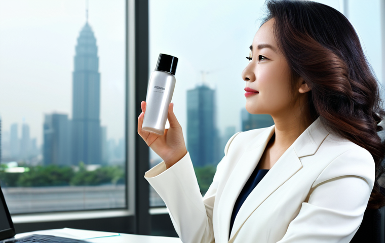 A professional Malaysian businesswoman in a modest business suit, seated at a modern office desk. She holds a small, elegant hair mist bottle, lightly misting her healthy, shiny, and frizz-free hair. The background features a blurred urban city skyline visible through a large window, subtly hinting at the outdoor humidity and pollution. Her pose is natural and confident, reflecting a sense of immediate refreshment. The image emphasizes the hair's vibrant texture and softness. Perfect anatomy, correct proportions, well-formed hands, proper finger count, natural body proportions, professional photography, high quality, fully clothed, appropriate attire, modest clothing, professional dress, safe for work, appropriate content.
